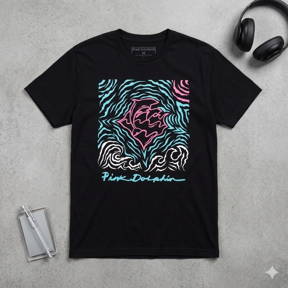 Pink Dolphin Men's Black Graphic T-Shirt - Size Medium